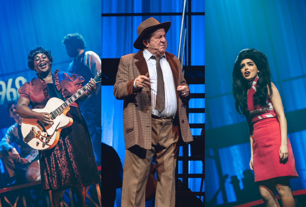 Aline Cunha, Stepan Nercessian e Bel Moreira como Rosetta Tharpe, Coronel Tom Parker e Priscilla Presley, respectivamente